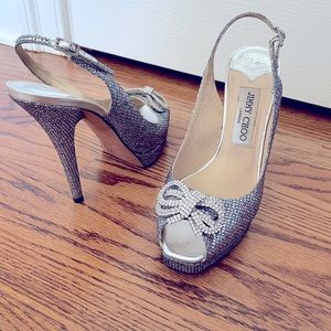 Jimmy Choo Glitter Pumps with Crystal Bow Broach